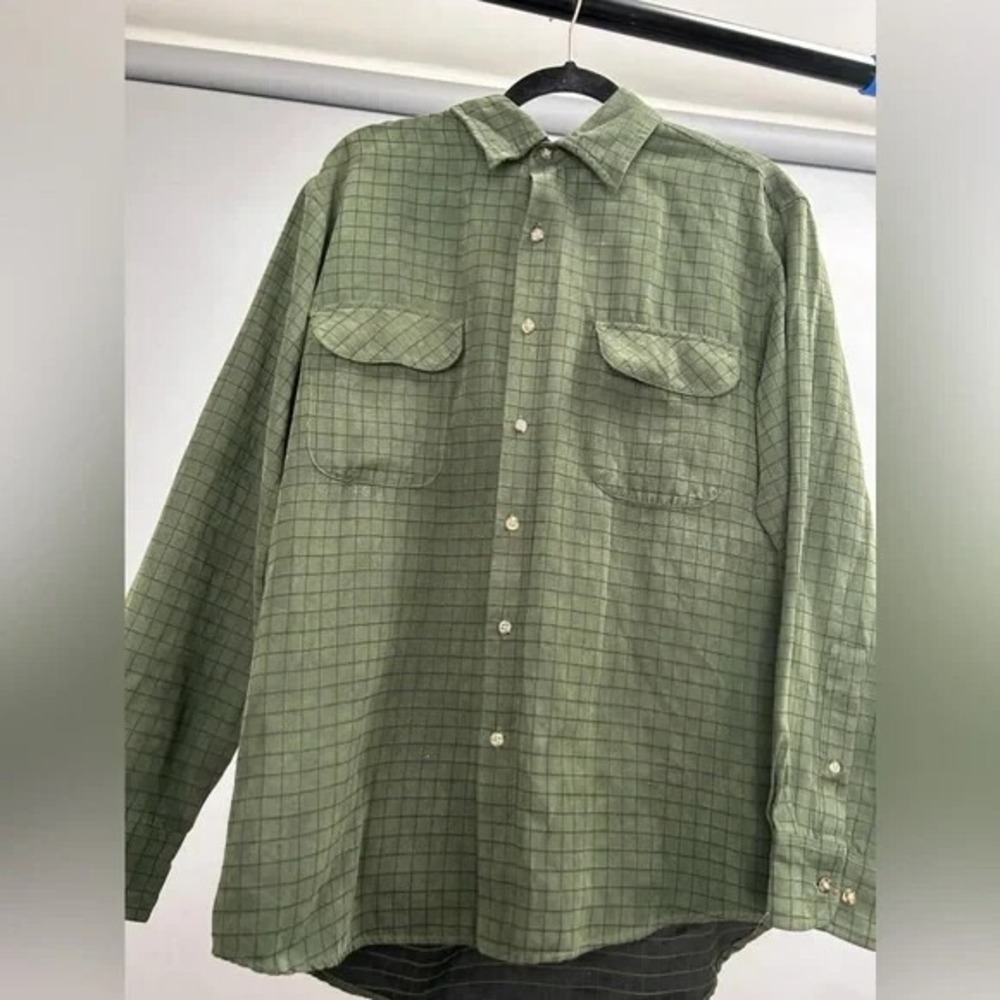 George Mens Sueded Button Down Shirt Forest Moss Green Windowpane Check Medium‎